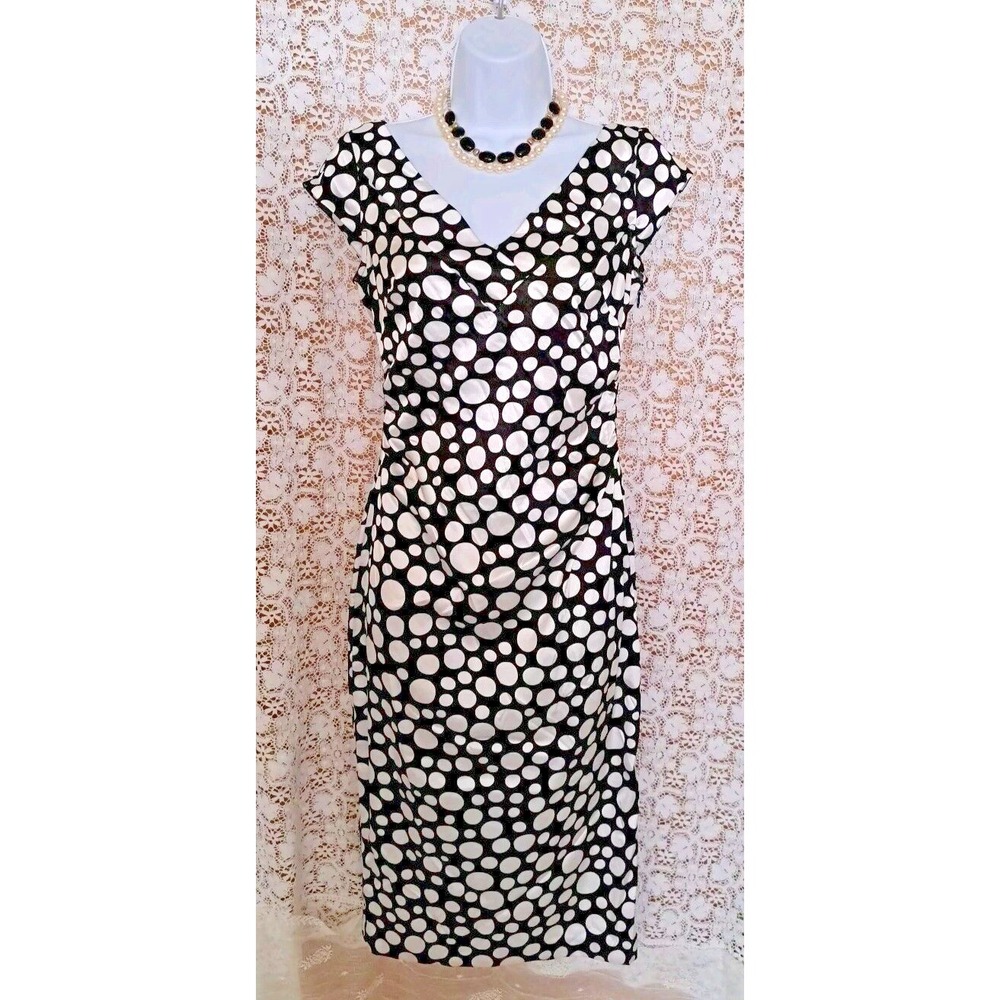 Maggy London Dress Sz.4 Black Polka Dot Ruched Sides Cap Sleeve Side Zip Career